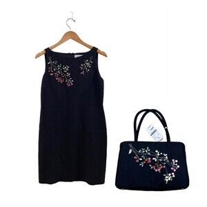 Casual Corner Sheath Dress and Small Purse Floral Embroidery Black Size 6